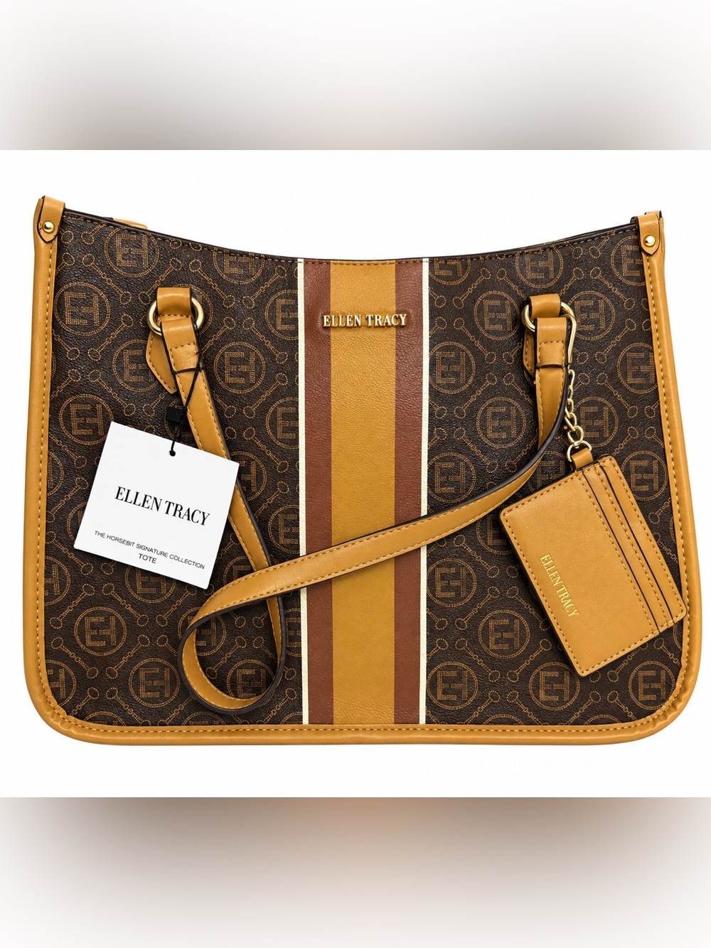 NWT Ellen Tracy Horsebit Signature Tote Bag Monogram Stripe Cognac Brown